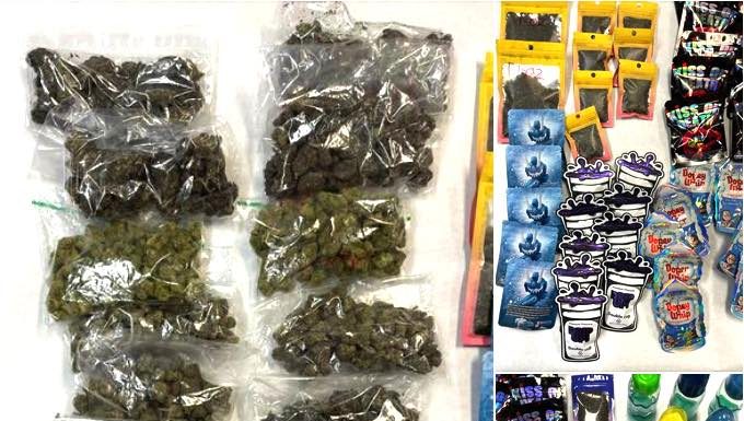 Photo shows contraband confiscated by deputies: More than 2 pounds of marijuana, more than an ounce of mushrooms, Xanax and MDMA (Ecstasy) pills, and baby bottles filled with codeine.