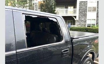Peachtree City police posted these photos showing the damage to one vehicle and the firearms and other loot recovered after the arrests. Peachtree City Police Facebook page.