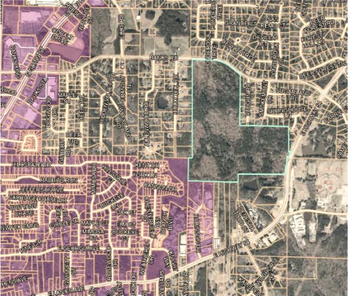 Overhead view of the proposed annexation area on 178 acres east of Fayetteville and across from the county's large recreation area at McCurry Park. Graphic/City of Fayetteville.