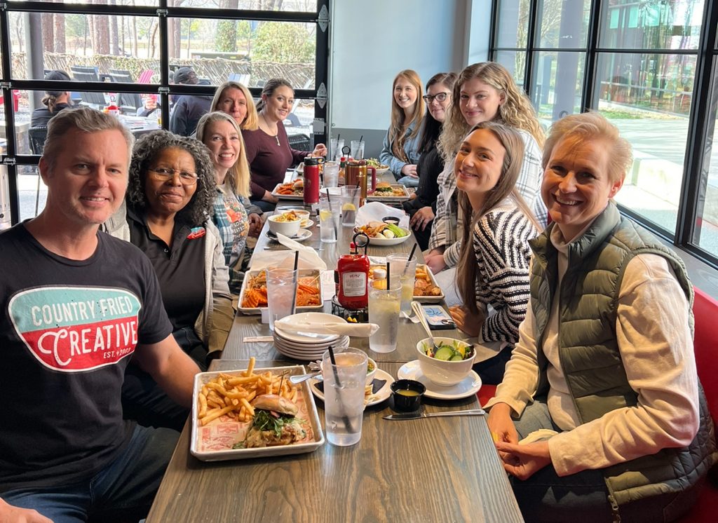 Company lunch earlier this year where we recognized the services of two departing team members with quality time, gifts, and words of affirmation. Photo/Joe Domaleski