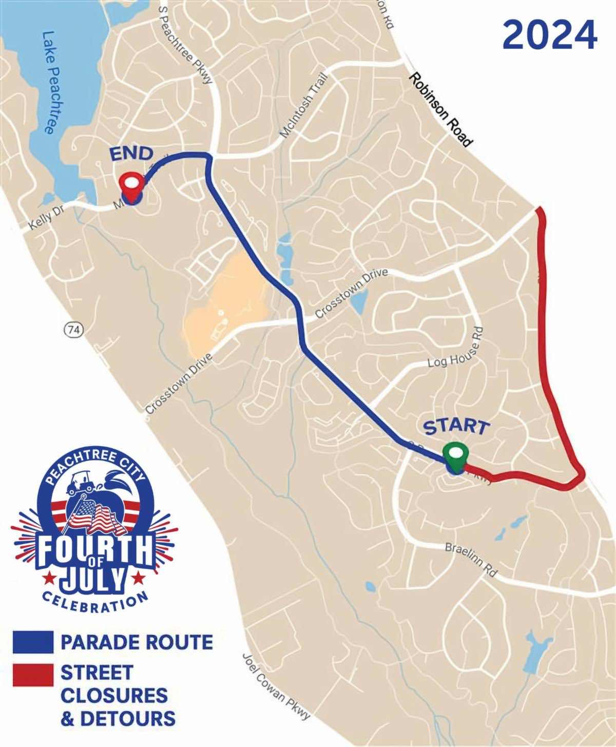 July 4th Parade route. Graphic/City of Peachtree City.