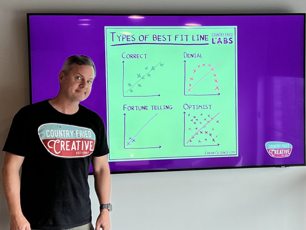 The author explaining some humorous examples of best fit lines on an x/y graph. Photo/Sophie Castellon