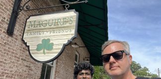 Country Fried Creative owner Joe Domaleski (right) with GSU Data Science Intern Vinay Revanuru in front of Maguire's Irish Pub, one of the subjects of their AI research. Photo/Joe Domaleski