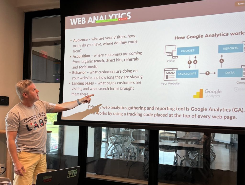 Joe Domaleski explains the essentials of website analytics with a focus group at Trilith. Photo/Christina Colantonio