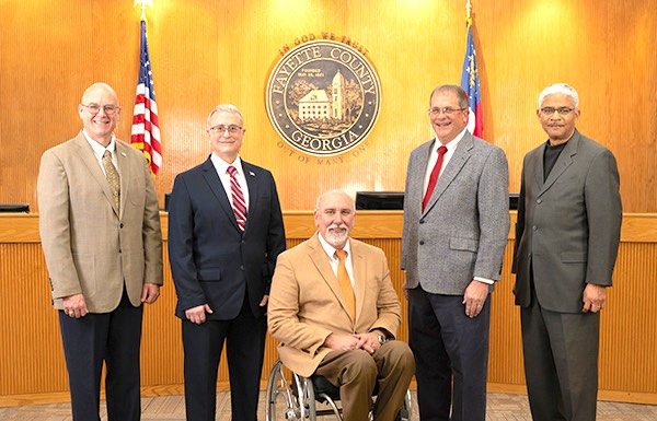 Fayette County commissioners (L-R) Edward "Edge" Gibbons, Charles Oddo, Eric Maxwell, Lee Hearn and Charles Rousseau. Photo/County website