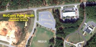 Aerial view shows five soccer fields at Fayette County's McCurry Park to be upgraded. Photo/U.S. Soccer.