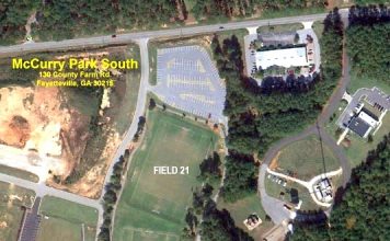 Aerial view shows five soccer fields at Fayette County's McCurry Park to be upgraded. Photo/U.S. Soccer.