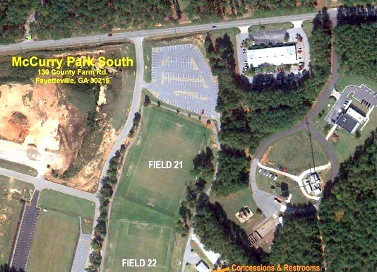 Aerial view shows five soccer fields at Fayette County's McCurry Park to be upgraded. Photo/U.S. Soccer.