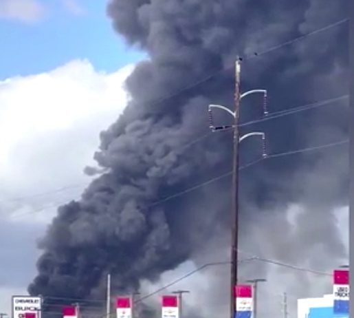 Plume of smoke from Biolab fire seen from I-20 Sunday.