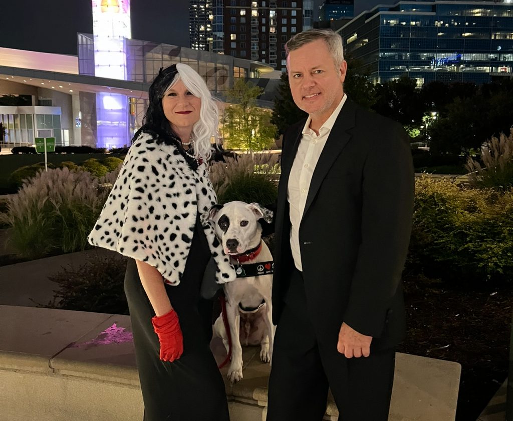 My wife Mary Catherine as Cruella de Vil with our dog Loki and me at Dragon Con 2024. Photo/Joe Domaleski