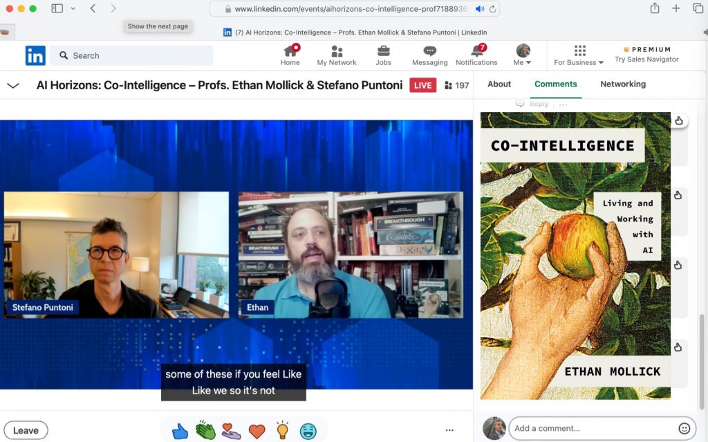 Dr. Stefano Puntoni interviews Dr. Ethan Mollick about Mollick’s new book Co-Intelligence, my top AI book pick for 2024. This was a screen shot of the online presentation that took place on 7/10/24. Photo/Joe Domaleski