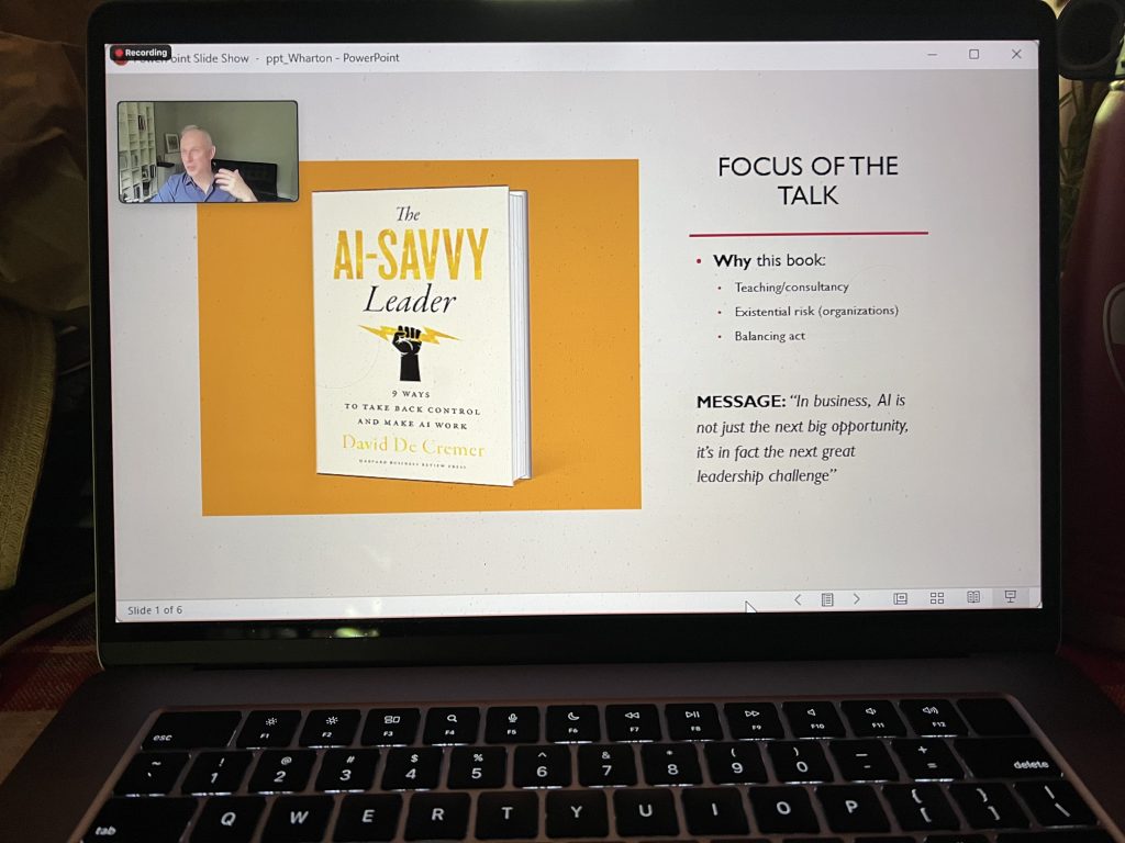 Dr. David De Cremer speaks about his new book The AI-Savvy Leader. This screen shot was taken during his online presentation which took place on 6/7/24. Photo/Joe Domaleski