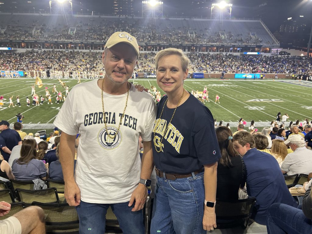 Joe and Mary Catherine Domaleski on the 50-yard line at the Georgia Tech vs. Duke home game on 10/5/24. Photo/Joe Domaleski