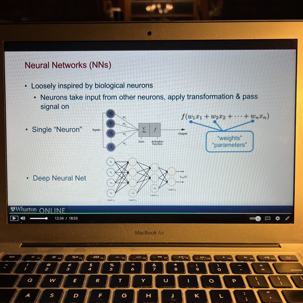 Reviewing basic concepts about neural networks as part of Dr. Kartik Hosanagar’s AI for Business course through UPENN’s Wharton Business School. Photo/Joe Domaleski