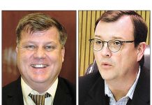 Fayette County Administrator Steve Rapson (L) and Commissioner Steve Brown. File photos.