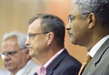 Fayette County commissioners (L-R) Randy Ognio, Steve Brown and Charles Rousseau in file photo.